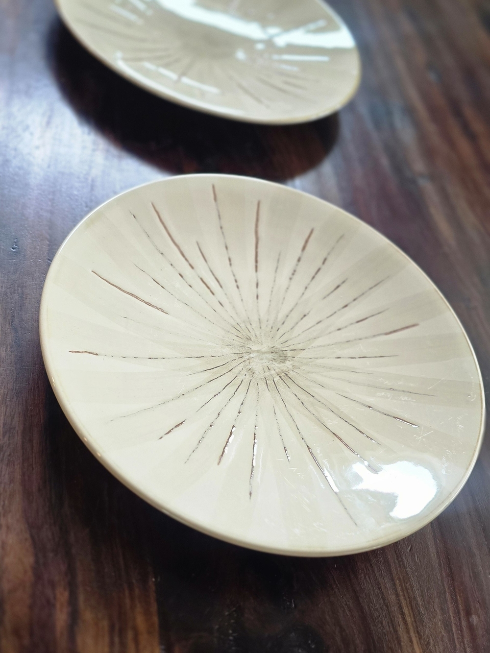 Pier 1 Cream Ceramic Decorative Dish with Radiating Sunburst Lines